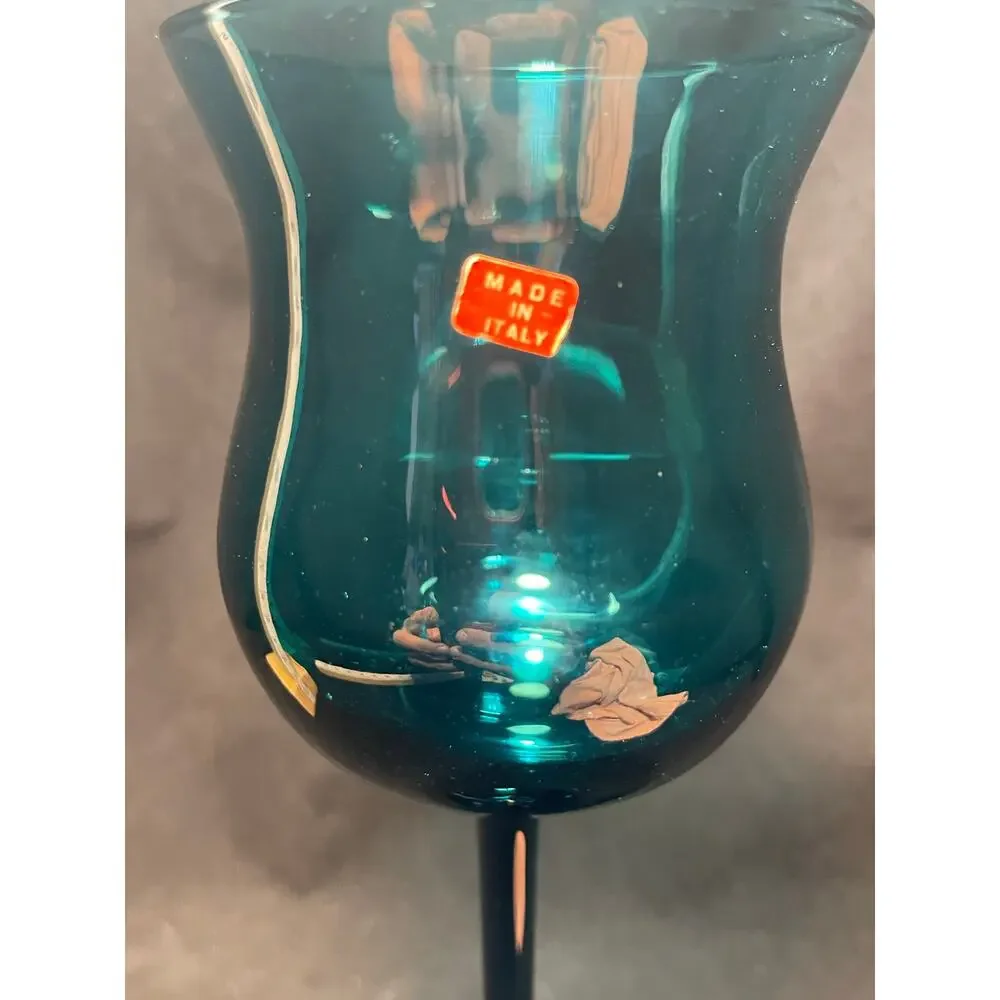Hand Blown Tall Stem Wine Glass, Peacock Blue 11in.